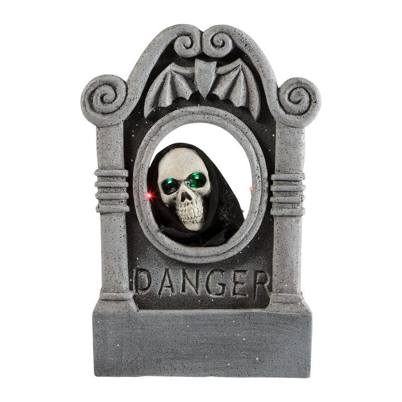 Light-Up Skeleton Head Tombstone Halloween Decoration - Gray, 1.8 ft