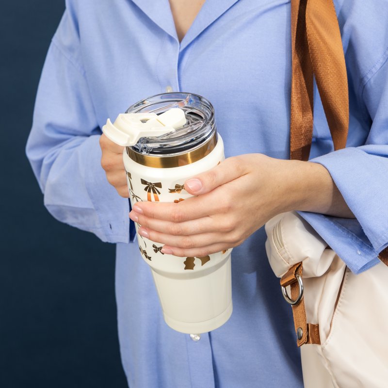 32oz Stainless Steel Tumbler with Handle & Dual Straw Lid - Cream & Gold Bows