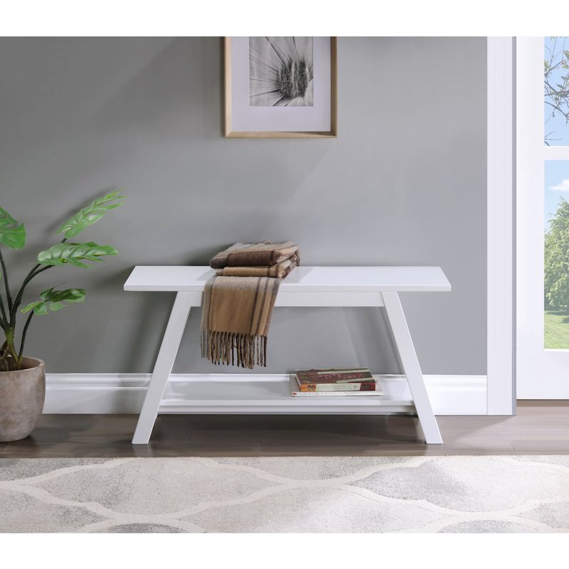 Elyz Solid Wood Bench with Shelf - 36 Inch Long, White