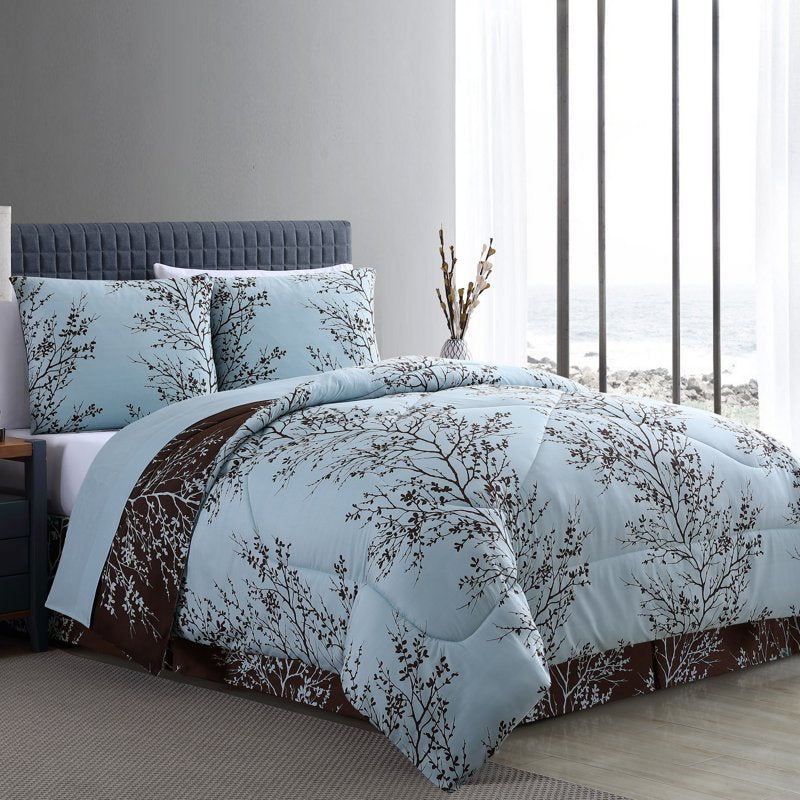 VCNY Home Leaf 8-Piece Reversible Bed in a Bag - Queen Blue/Chocolate