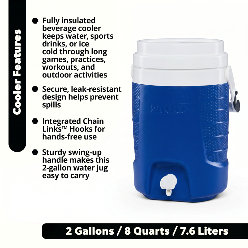 2 Gallon Sports Beverage Jug with Hooks - Blue, 2 Pack