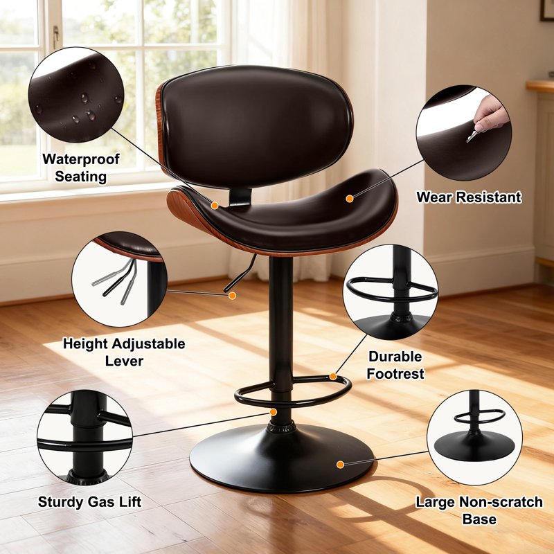 Adjustable Swivel Bar Stool - Brown PU Leather, Bentwood Design