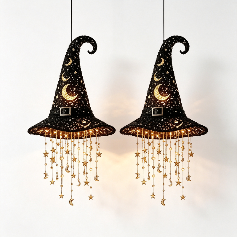 Lighted Witch Hat Hanging Set - Moon Variation, 2 Pack Halloween Decor