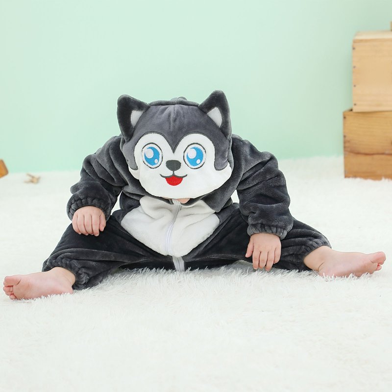 Kids Animal Cosplay Romper Hooded Flannel Jumpsuit - Dark Gray 3T-4T
