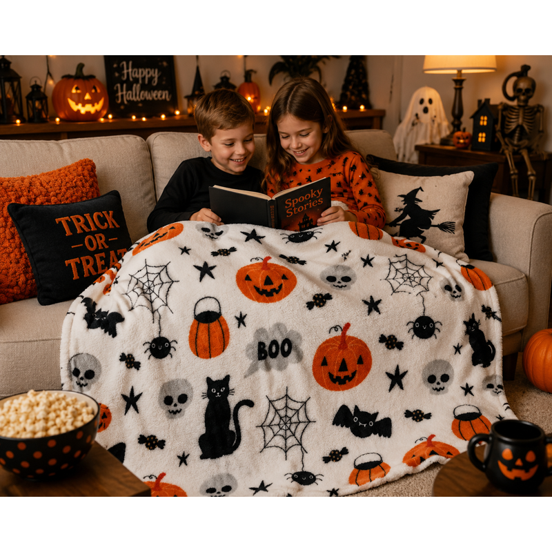Halloween Boo Fuzzy Throw Blanket - Jack O'Lantern Spider Web Skull Black Cats Velvet Fleece - Serafina Home