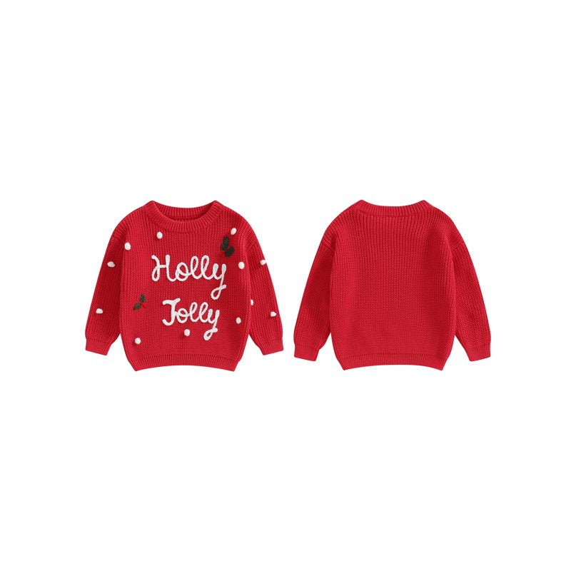 Baby Girl Christmas Sweater - Long Sleeve Letter Embroidery Knit Pullover, Style 37, 3-6 Months