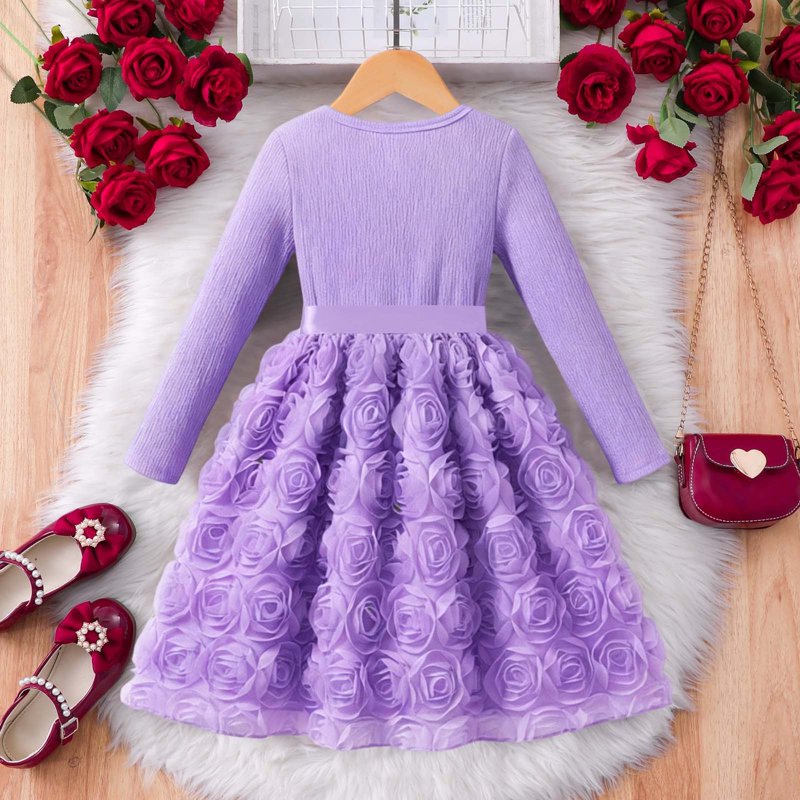 Purple Toddler Girls Dress with 3D Rose Design Long Sleeve for Birthday & Holiday - Size 2-3 Years Z13-13Purple