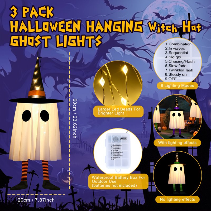 Halloween LED Hanging Lights 3-Pack Witch Ghosts - Purple, Green, Orange, Waterproof Battery Case, 3 Modes - 3pcs Witch Ghosts