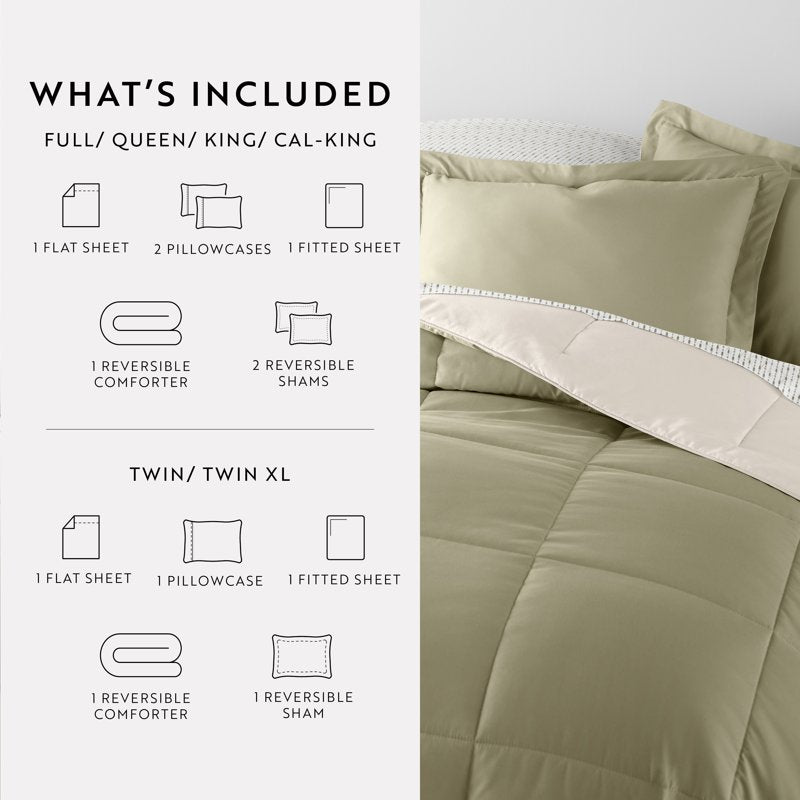 Full Beaded Arrows Sage Ivory Reversible Comforter & Patterned Sheet Set - 7 Piece Bedding Bundle
