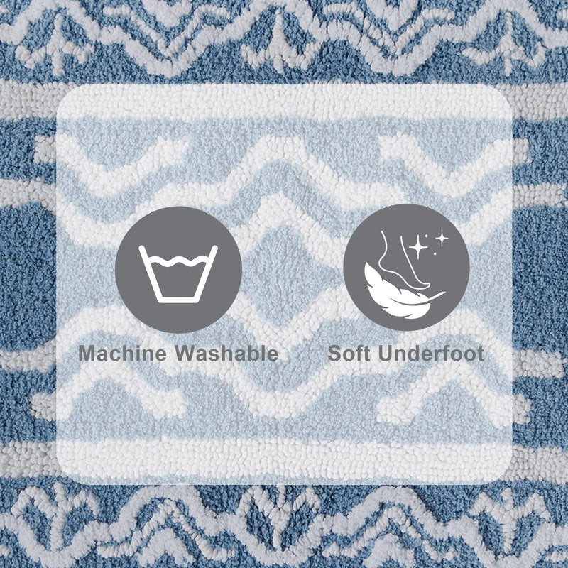 2' x 5' Bath Runner Rug - Blue Silver & White Oushak Style Cotton Mat