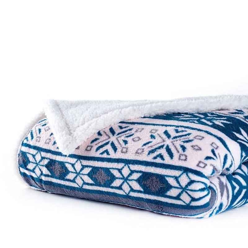 Reversible Blue Snowflake Throw Blanket with Sherpa Back - 50x60 Inches, Adult