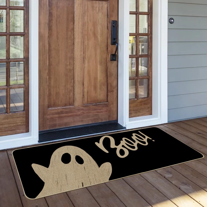 Halloween Doormat 17x47 Inch Black Ghost and Cat Welcome Mat – Polka Dot Design