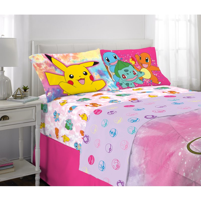 Pokemon Kids Reversible Comforter Bed in a Bag - Full Size, Purple Pink Tie Dye