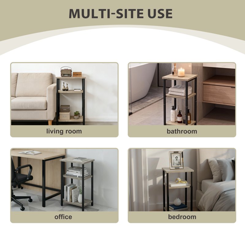 3-Tier End Table with Shelves - Narrow Nightstand for Small Spaces - Gray