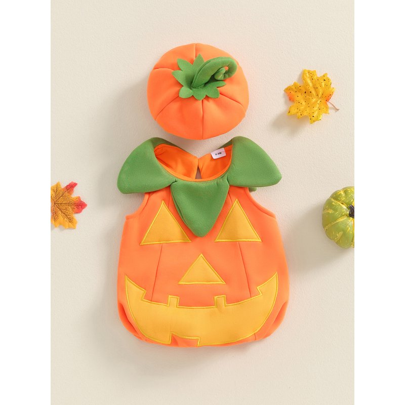 Toddler Baby Girl Boy Halloween Pumpkin Costume 0-6 Months Orange Sleeveless Outfit with Hat