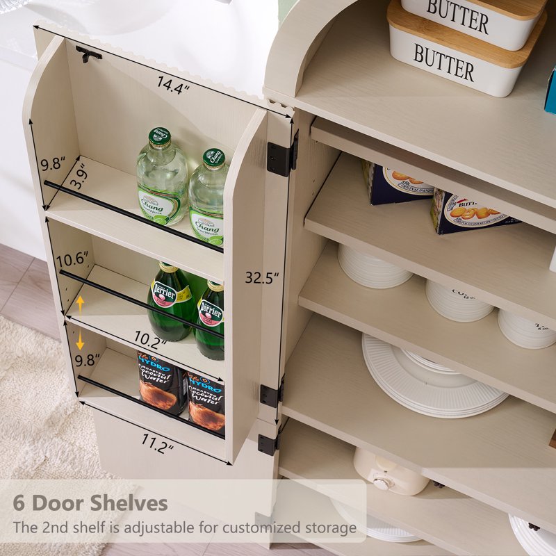 Modern Arched Pantry Storage Cabinet - Cream & Fluted Wood, 71"
