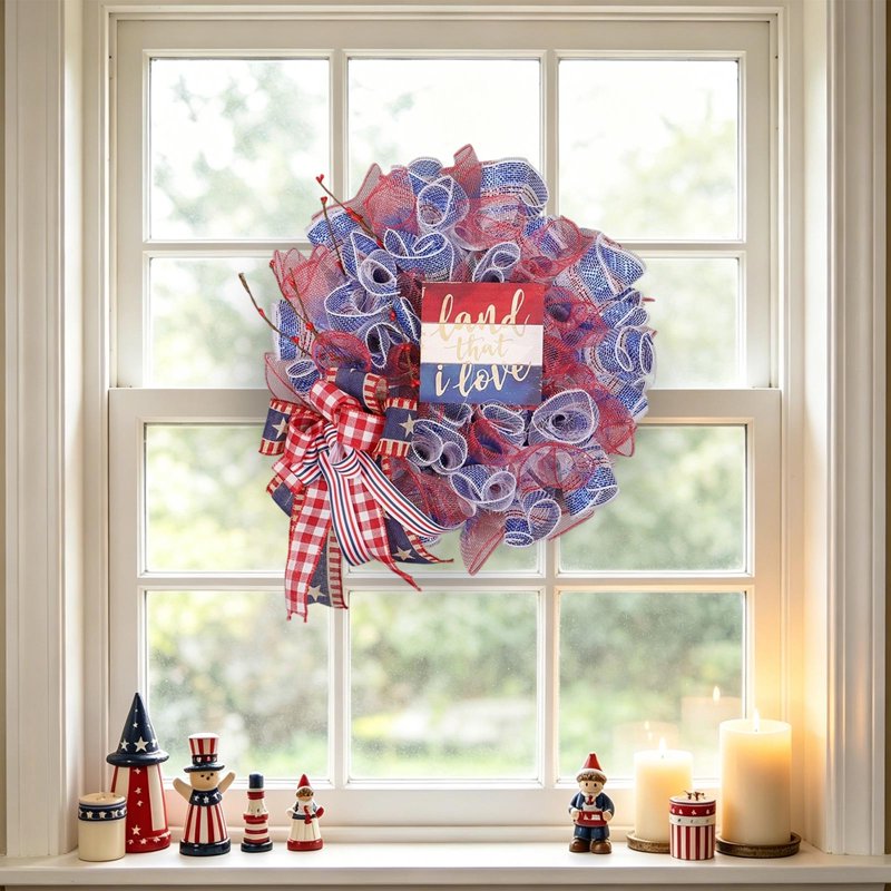 Patriotic 4th of July Wreath - Red White Blue Flag Garland Indoor Outdoor Decor Z0F