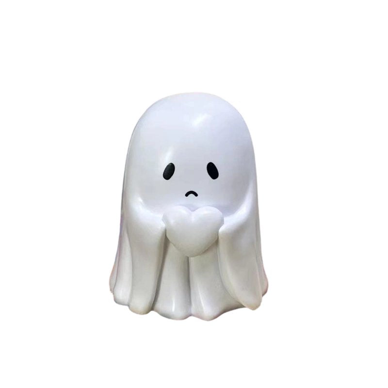 Cute Halloween Ghost Figurine Holding Heart - Handmade Spooky Decor E