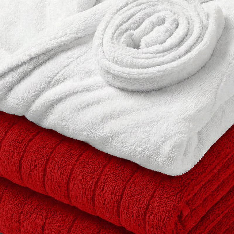 Red Spa Bath Set - Plush Bathrobe & 2 Ribbed Towels, Small - Hotel Quality