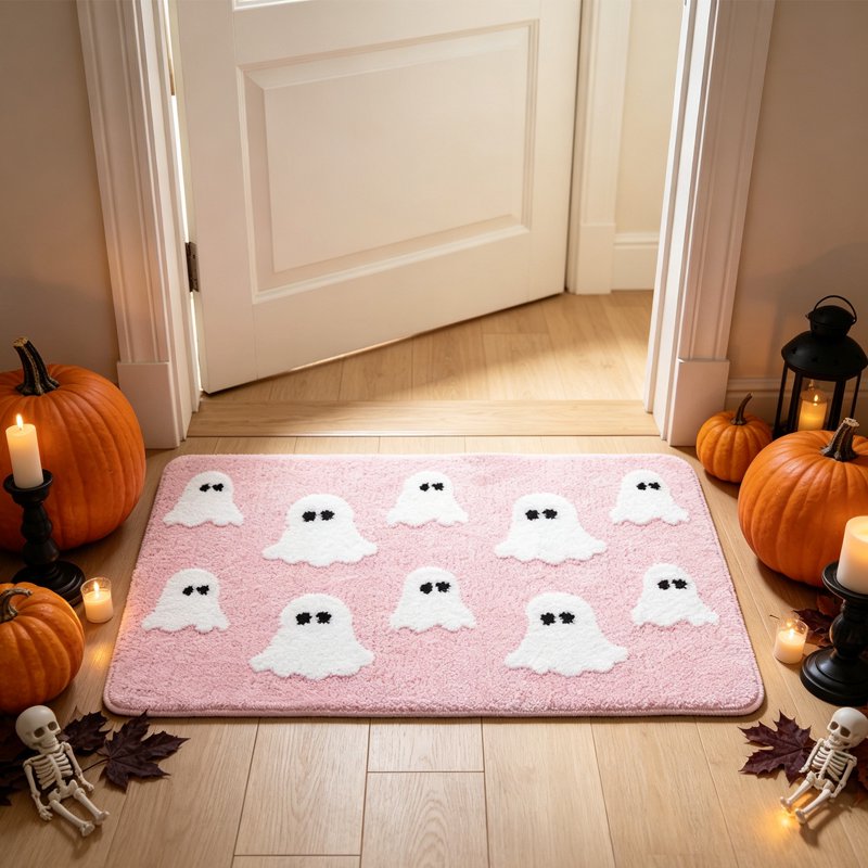 Halloween Ghost Bath Mat Pink 23.6x15.7in Faux Fur Rug with Secure Grip - OVFUIZ Irregular Variant