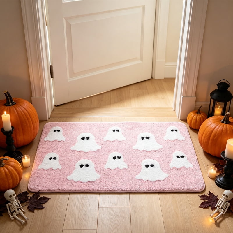 Ghost-N Halloween Door Mat 16x24 Inch Non-Slip Pink Ghost Floor Rug for Front Door