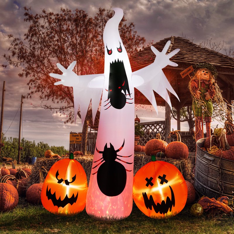 12FT Outdoor Halloween Inflatable Ghost and Pumpkin Decor with LED Lights