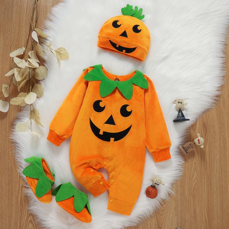 Baby Pumpkin Halloween Costume Set with Jumpsuit Hat and Shoes - Variation #02 (6-12 Months)