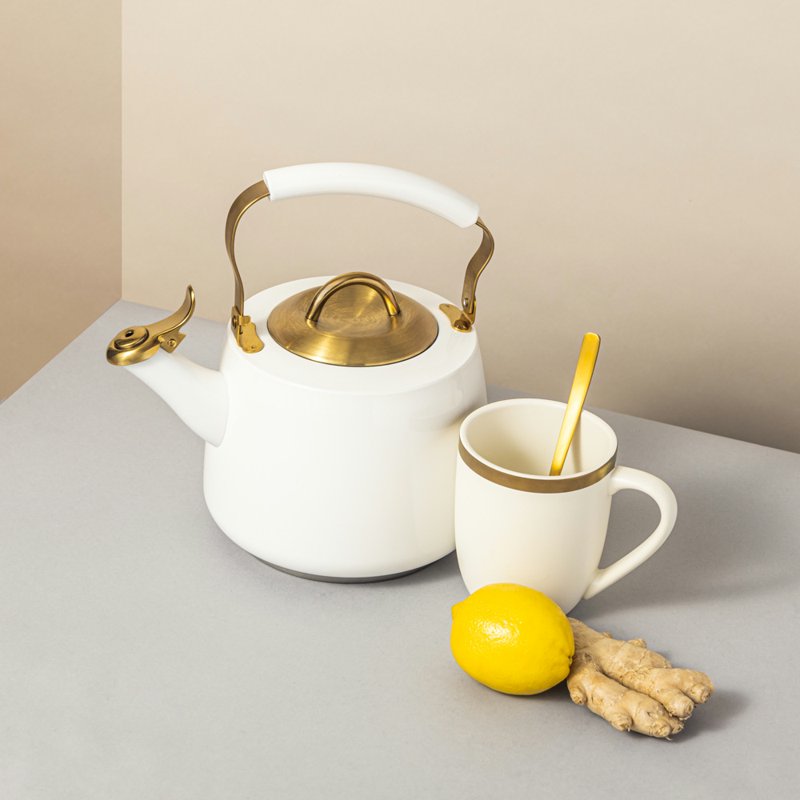 Stainless Steel Whistling Tea Kettle - 1.8L White & Gold