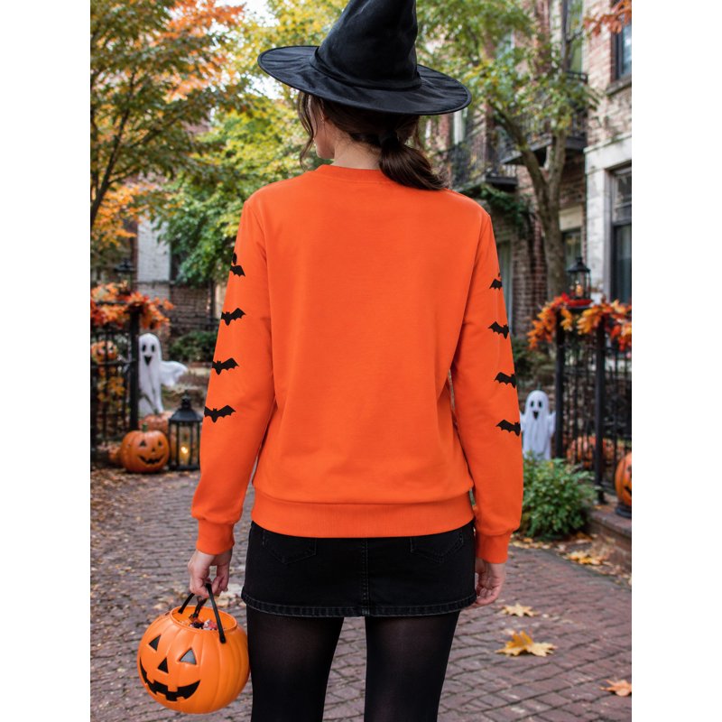 Halloween Women Sweatshirt Black Cat Pumpkin Graphic Pullover - Orange 2XL