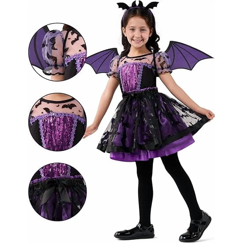 Toddler Girl Bat Costume with Wings & Headband - Purple Dress Up 5-6Y