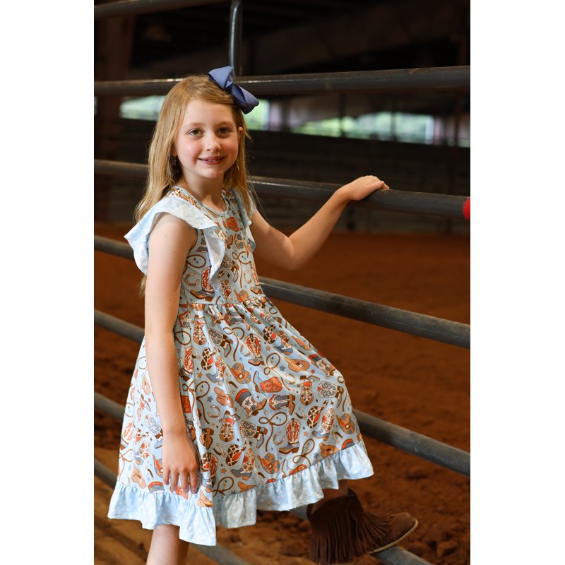 Girls Blue Howdy Boots & Dot Short Set - Size 12 Lt Blue 2-Piece Dress & Shorts