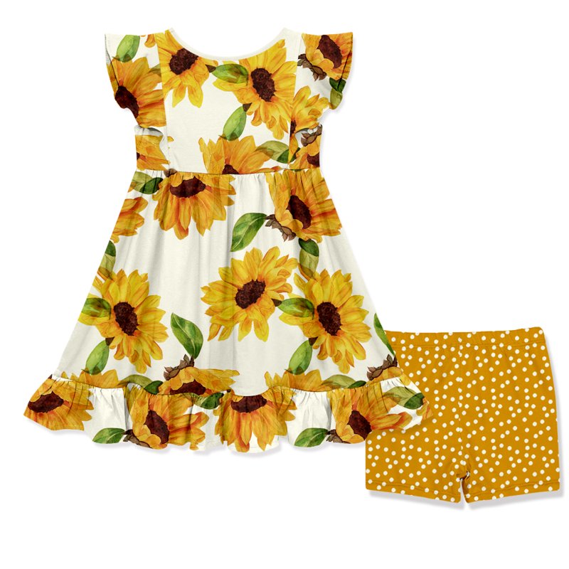 Girls Marigold & Cream Sunflower Dress and Matching Shorts Set - Size 4 - Angel Sleeve