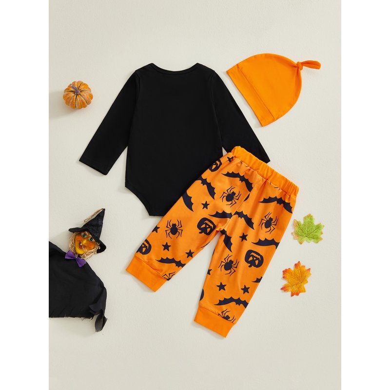 Baby Boy First Halloween Outfit - Letter Print Romper with Bat & Spider Hat, 0-3 Months Orange A