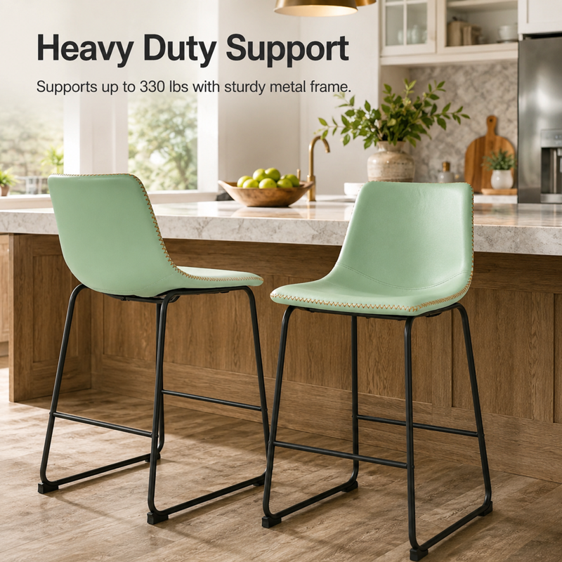 26-Inch Counter Height Bar Stools Set of 2 - Green Industrial Faux Leather