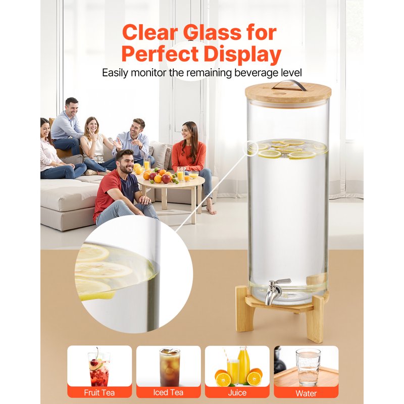 3.5 Gallon Glass Beverage Dispenser with Wooden Stand & Spigot