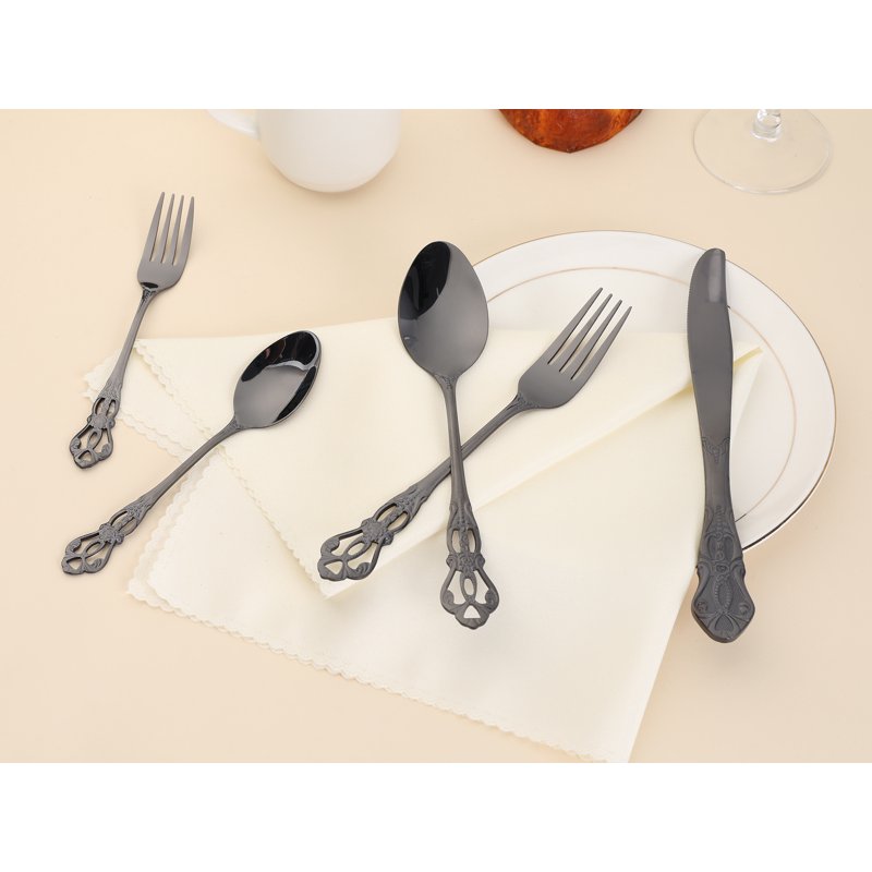 20-Piece Stainless Steel Floral Flatware Set - Black