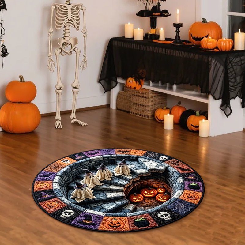 50cm Halloween Optical Illusion Round Rug with Ghosts and Pumpkins - Non Slip Doormat