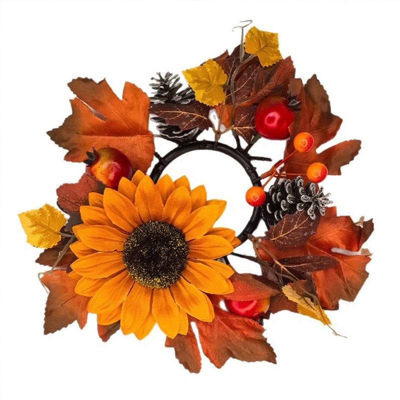 Daghihgewr Fall Sunflower Candle Ring - Rustic Autumn Mini Wreath for Pillar Candles - Variation #5
