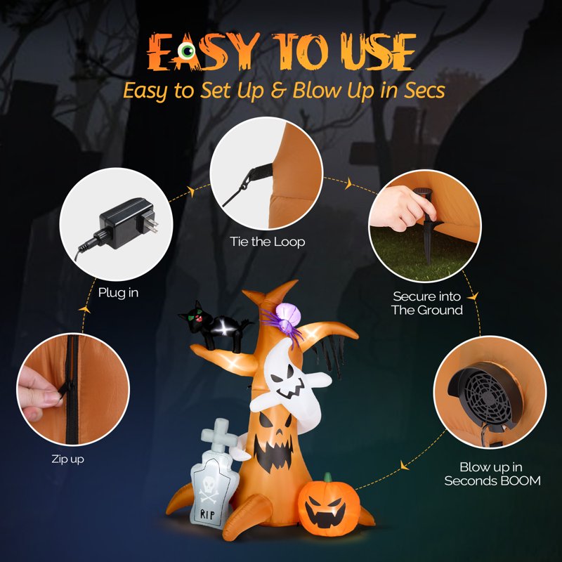 7.8' Outdoor Halloween Inflatable Decoration with 9 LED Lights, Spooky Tree & Tombstone
