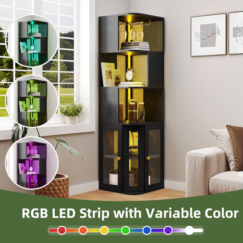 5 Tier Corner Bar Cabinet with LED Lights & Glass Holder - Black
