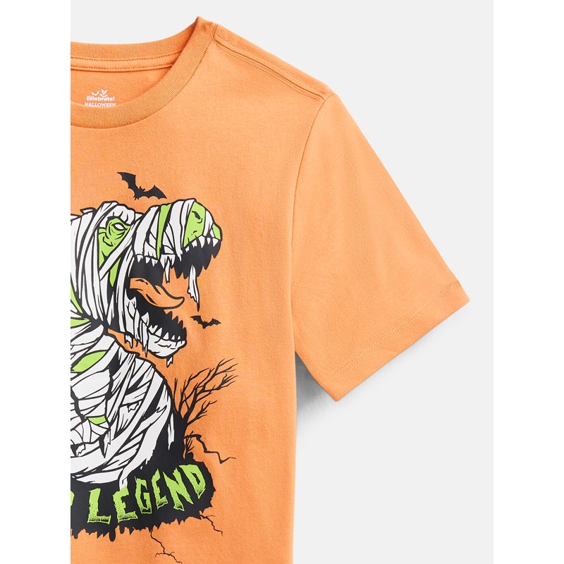 Halloween Boys Graphic T-Shirt with Short Sleeves - Orange Yam Dino Variation