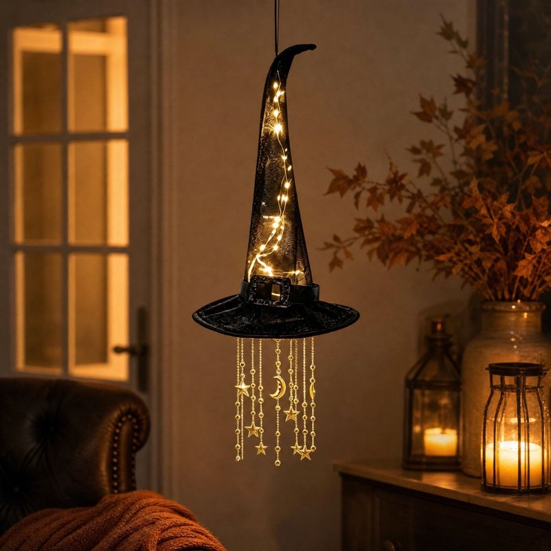 Lighted Witch Hat Hanging Decor - Long Hat Variation for Halloween & Gothic Spaces