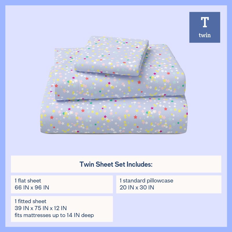 Kids Twin Bed Sheet Set - Stars Pattern 3 Piece Cotton Percale Bedding - Light Pink
