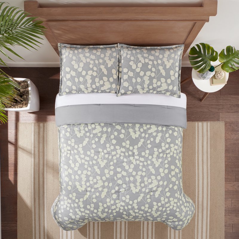 King Bedding Set - Serta Simply Clean Grey & Yellow Botanical Leaf 7-Piece
