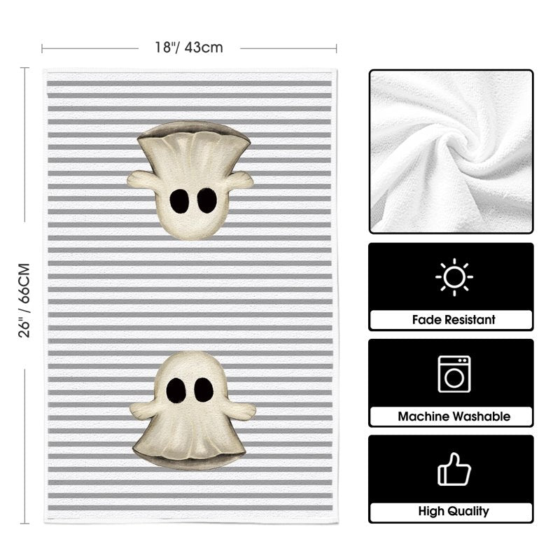 Halloween Kitchen Towels Set of 4 - Ghost Boo Bow Knot Black Stripes 18x26 Inches