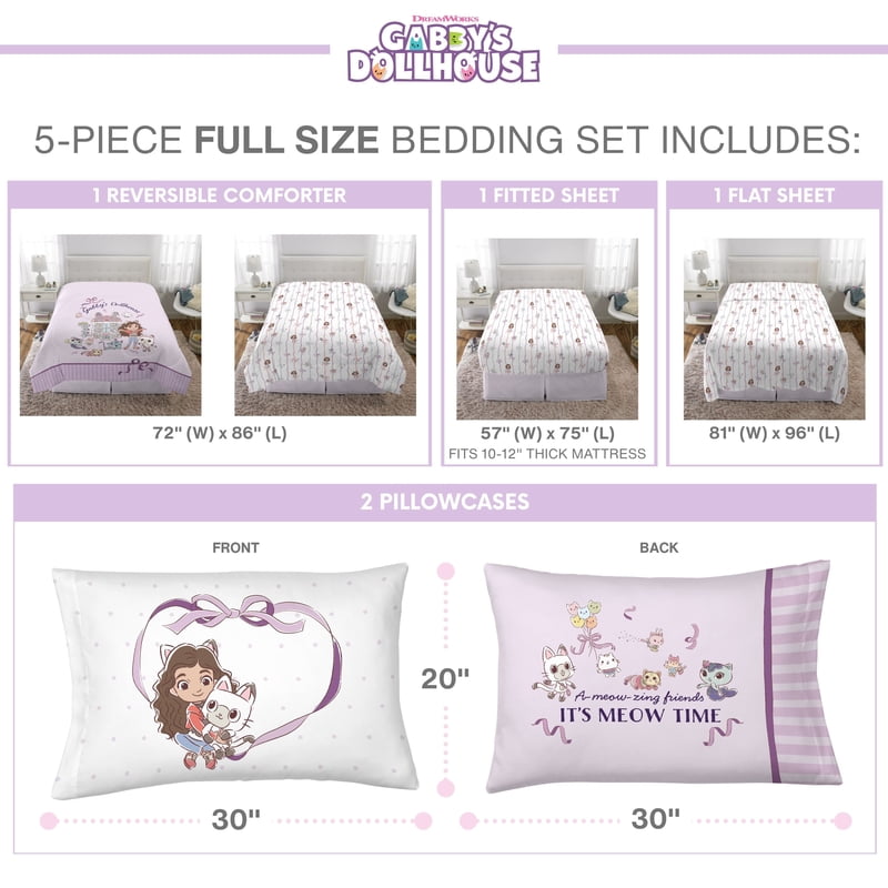 Kids Reversible Comforter Set - Gabby's Dollhouse Cat-Tabulous Purple, Full Bed in a Bag