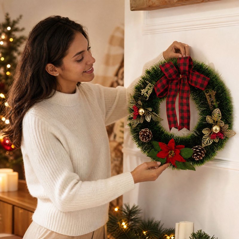 Christmas Wreath for Front Door Indoor Outdoor Decor - Farmhouse Holiday Garlands - 008 Variation