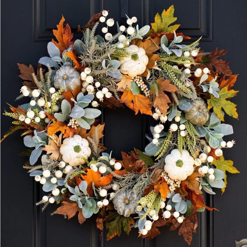 Halloween Fall Decor Wreath with Frosted Leaves Pumpkins and Berries - S Variation