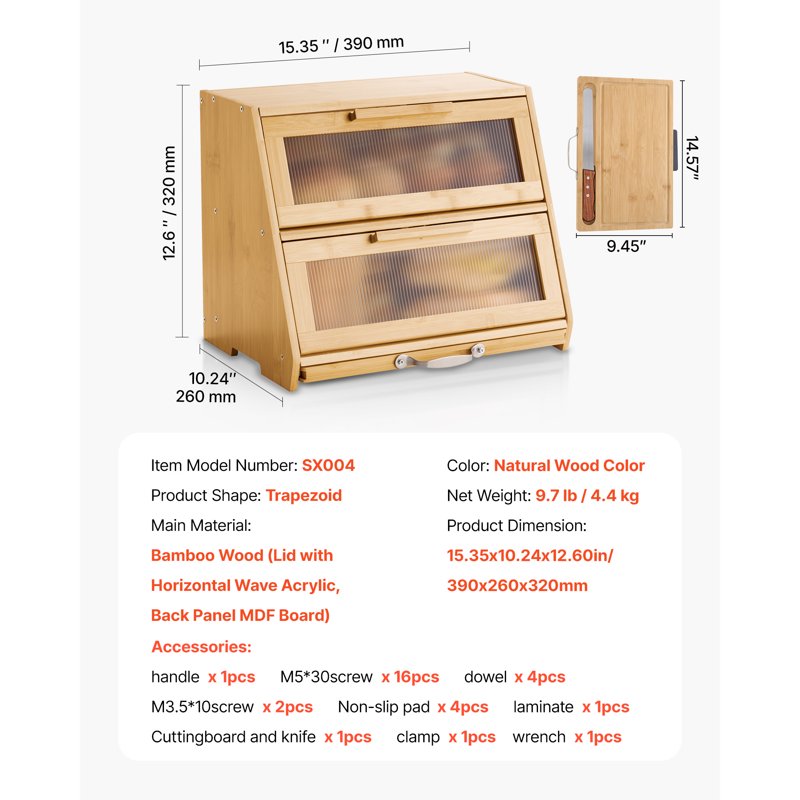 Double-Layer Bamboo Bread Box - Trapezoid 2 for Kitchen Storage