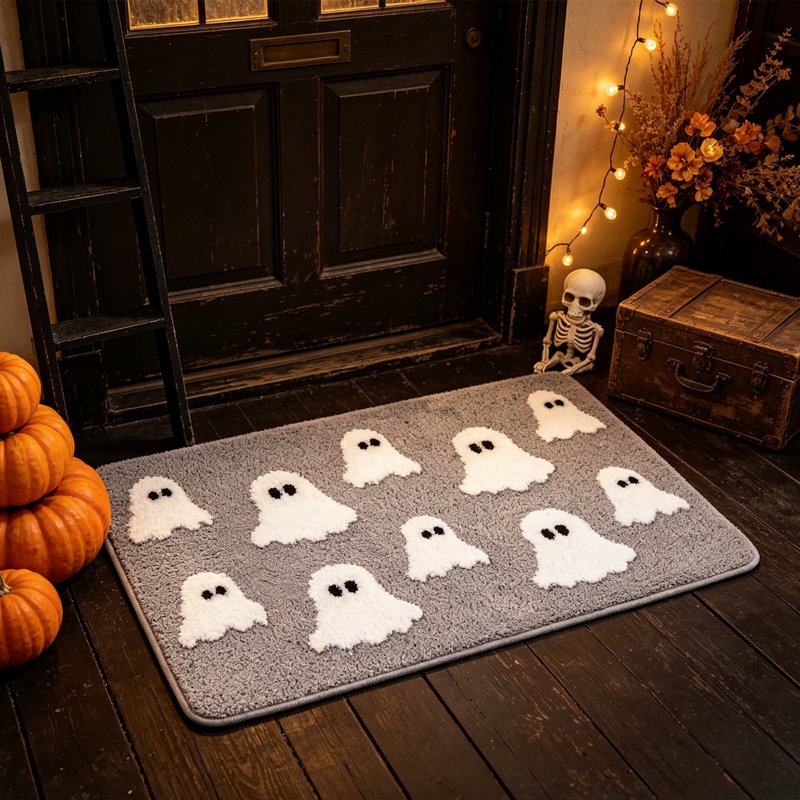 Halloween Ghost Bath Mat 23.6x15.7in Faux Fur Rug with Secure Grip - Gray Variation 01